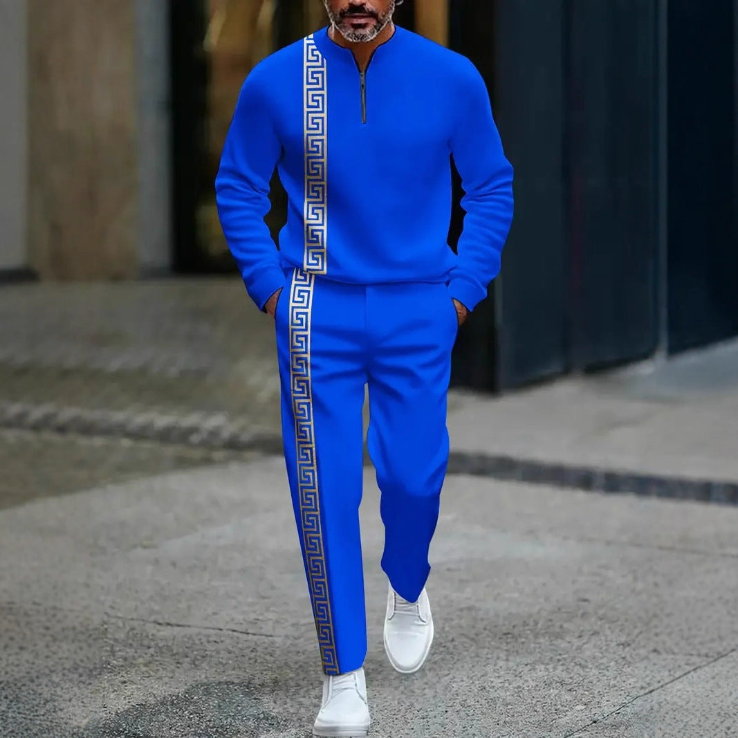 Long-sleeve Polo Shirt Long Pants Half-zip Placket Casual Sportswear Set