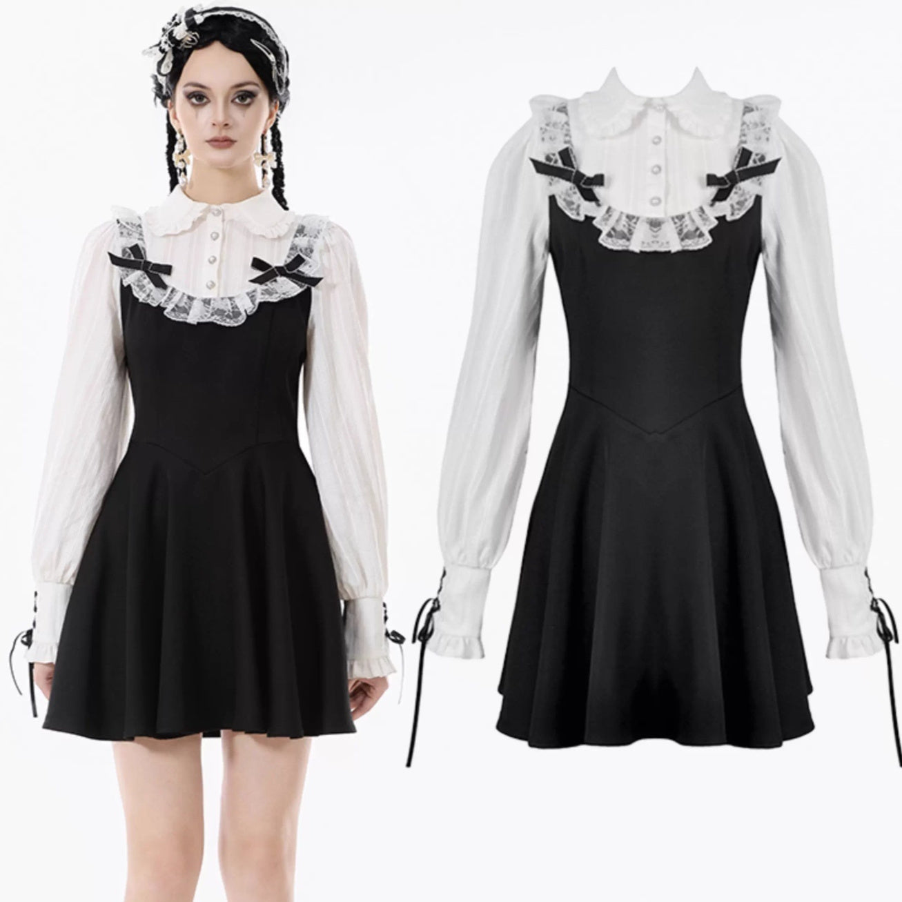 Gothic Dark Cute Lace Black And White Long-sleeved Dress