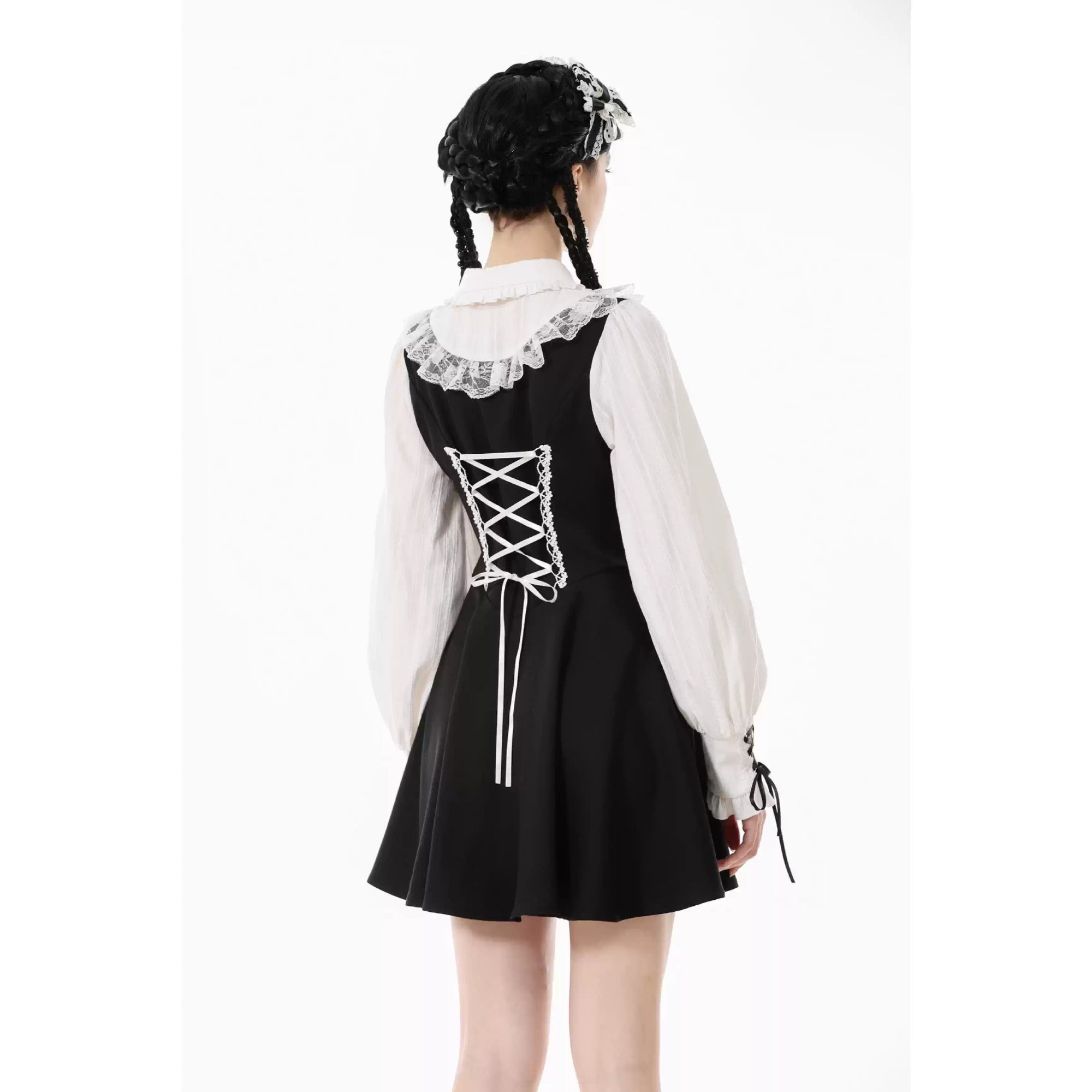 Gothic Dark Cute Lace Black And White Long-sleeved Dress
