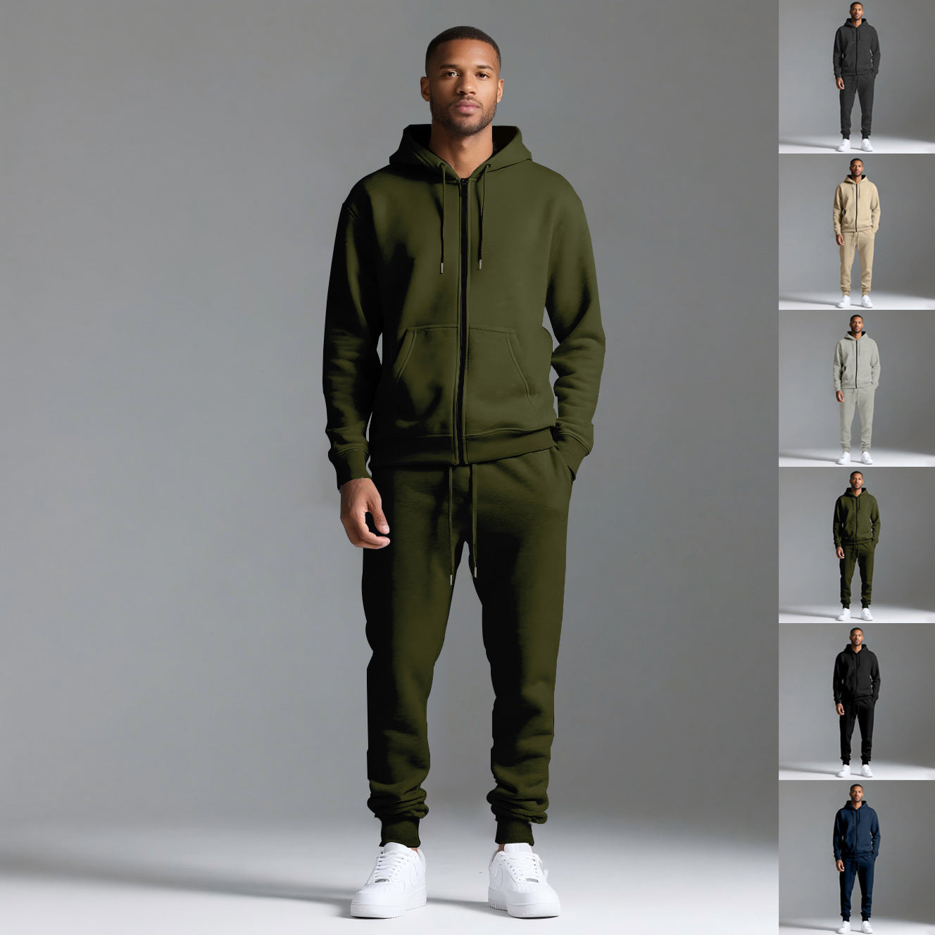 Men's Solid Color Long-sleeve Long Pants Hooded Sportswear Set