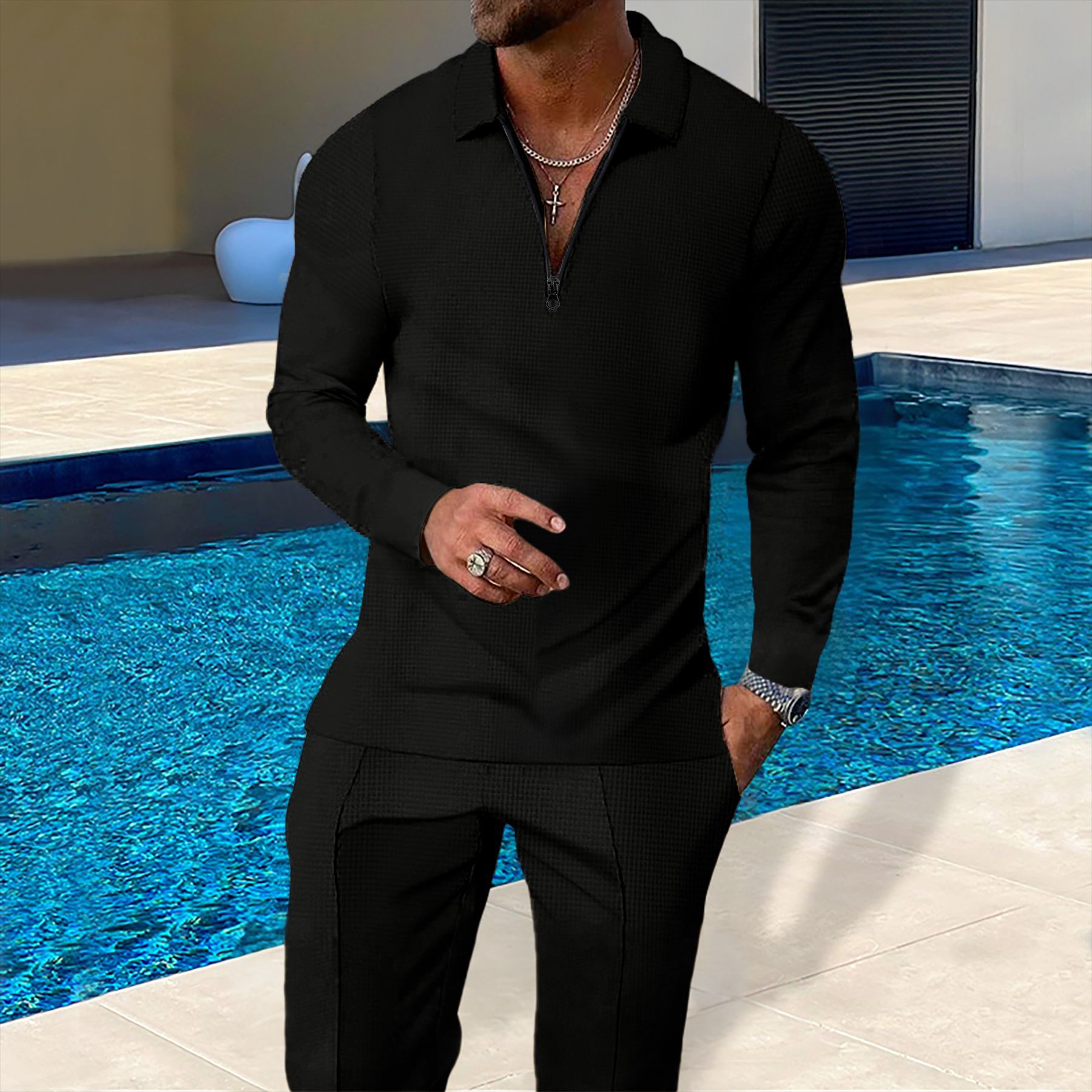 Men's Solid-Colored Waffle-Texture Top With Zipper And Lapel Plus Long Pants All-Season Casual Suit