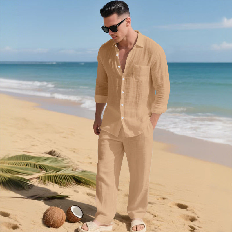 Beach Leisure Loose Collar Shirt Long Sleeve Pants Set