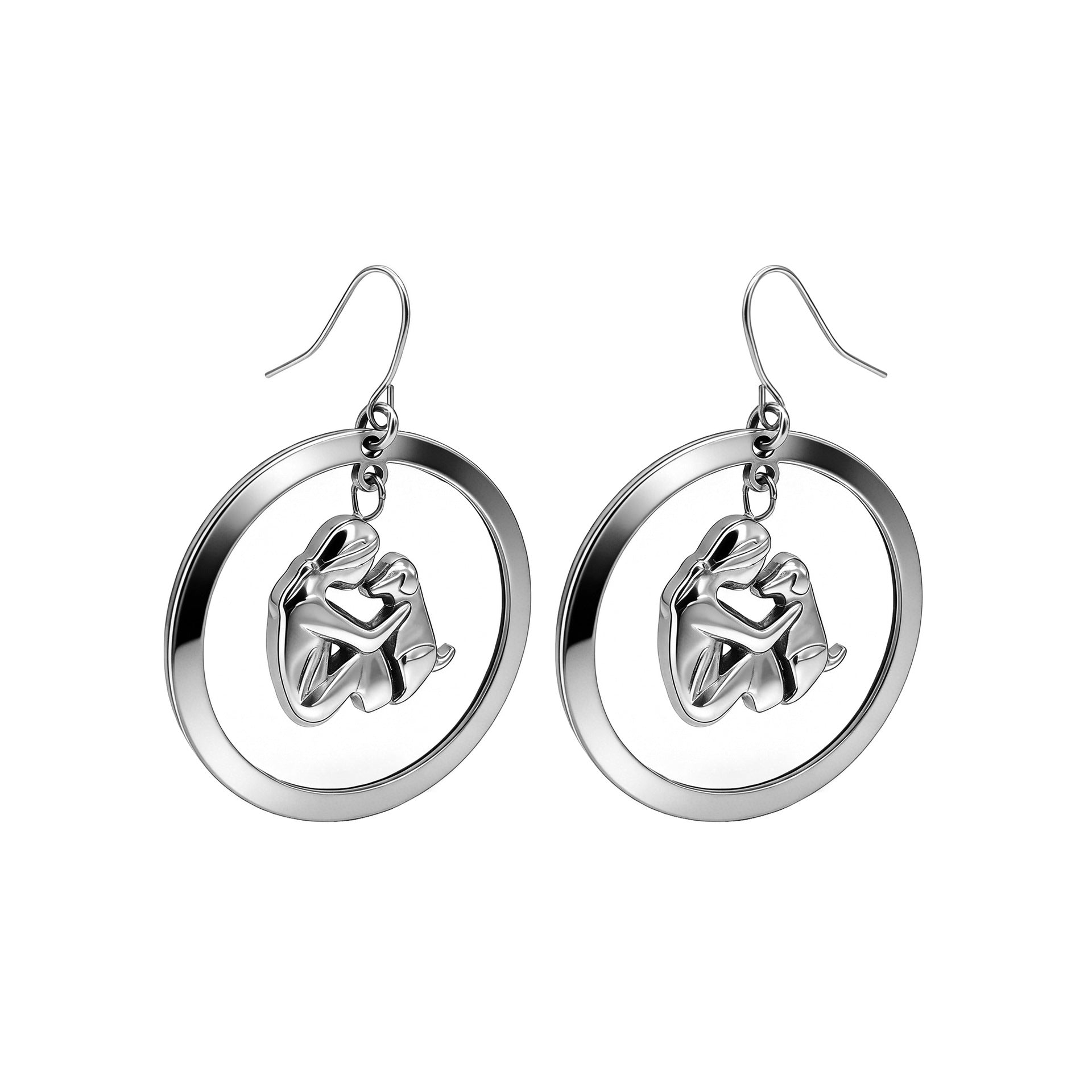 Stainless Steel Girl Hugging A Pet Dog Earrings