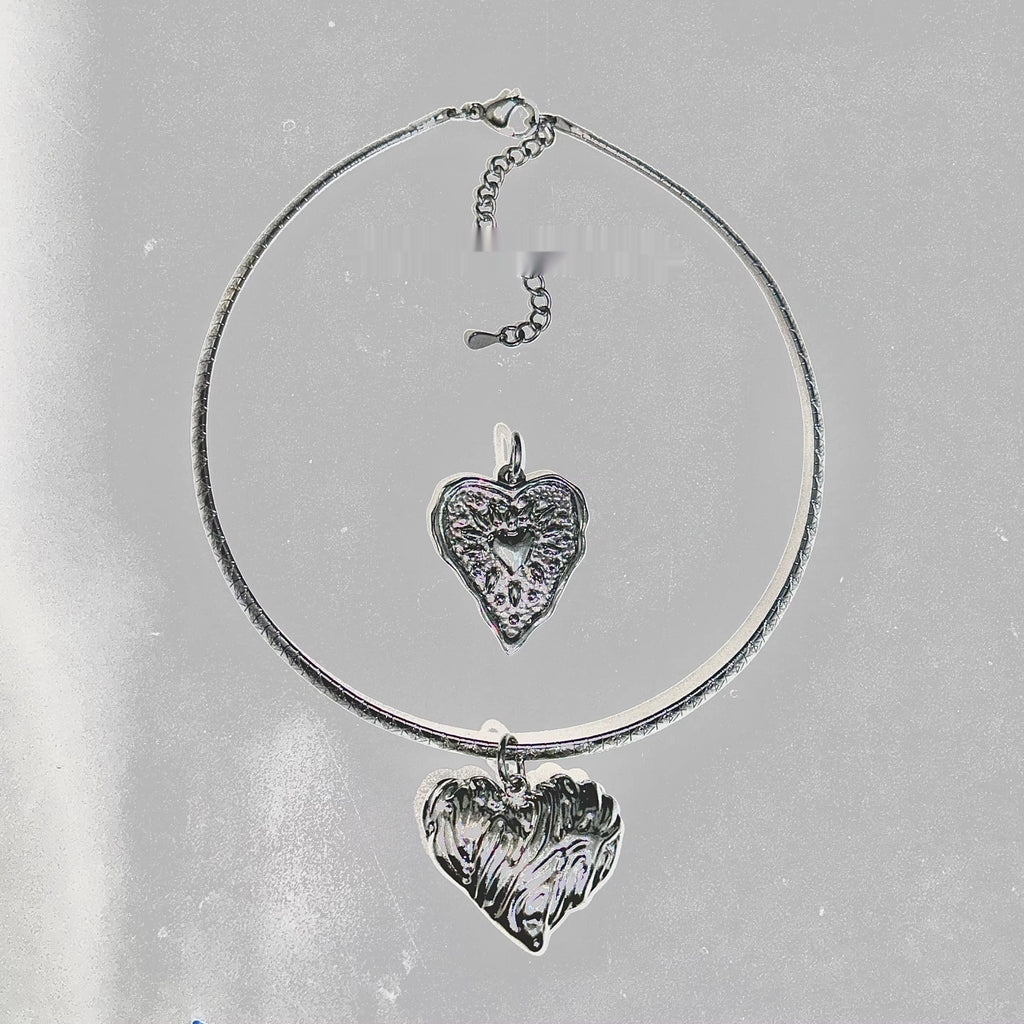 Silver Needle Vintage Silver Titanium Steel Heart Necklace Choker