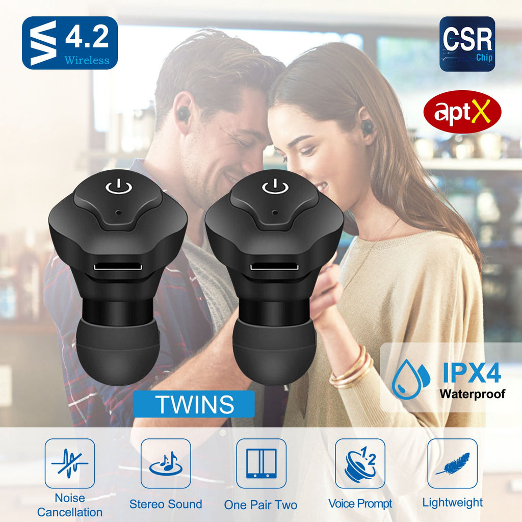 1 Pair True Wireless Earbuds CSR V4.2 In-ear Stereo Headsets IP44 Waterproof Apt-X TWS Headphones Noise Cancelling With Mic For Business Driving Walking