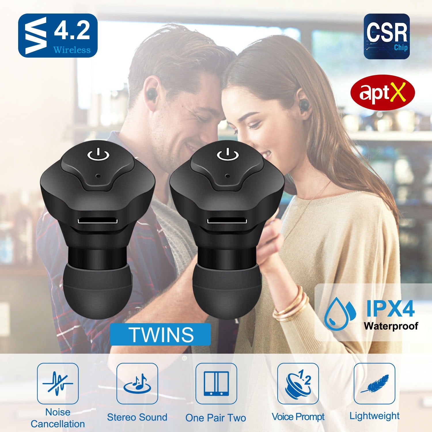 1 Pair True Wireless Earbuds CSR V4.2 In-ear Stereo Headsets IP44 Waterproof Apt-X TWS Headphones Noise Cancelling With Mic For Business Driving Walking