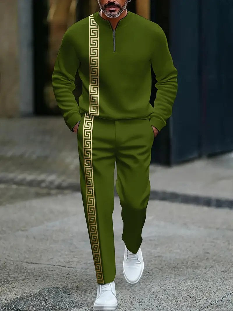 Long-sleeve Polo Shirt Long Pants Half-zip Placket Casual Sportswear Set