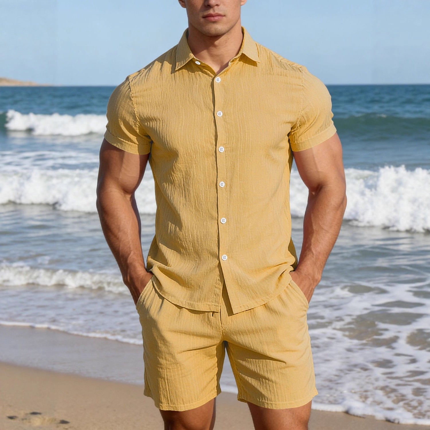 Men's Casual Button-up Short-sleeve Top And Shorts Two-piece Set
