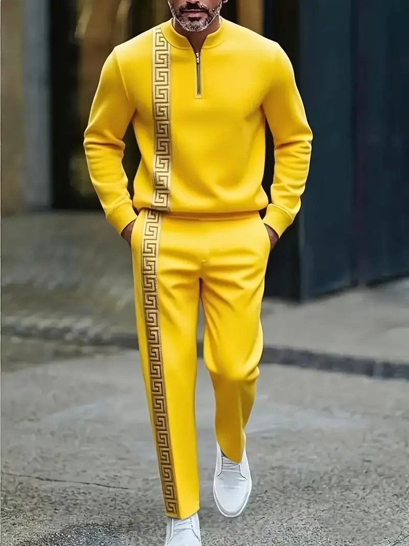 Long-sleeve Polo Shirt Long Pants Half-zip Placket Casual Sportswear Set