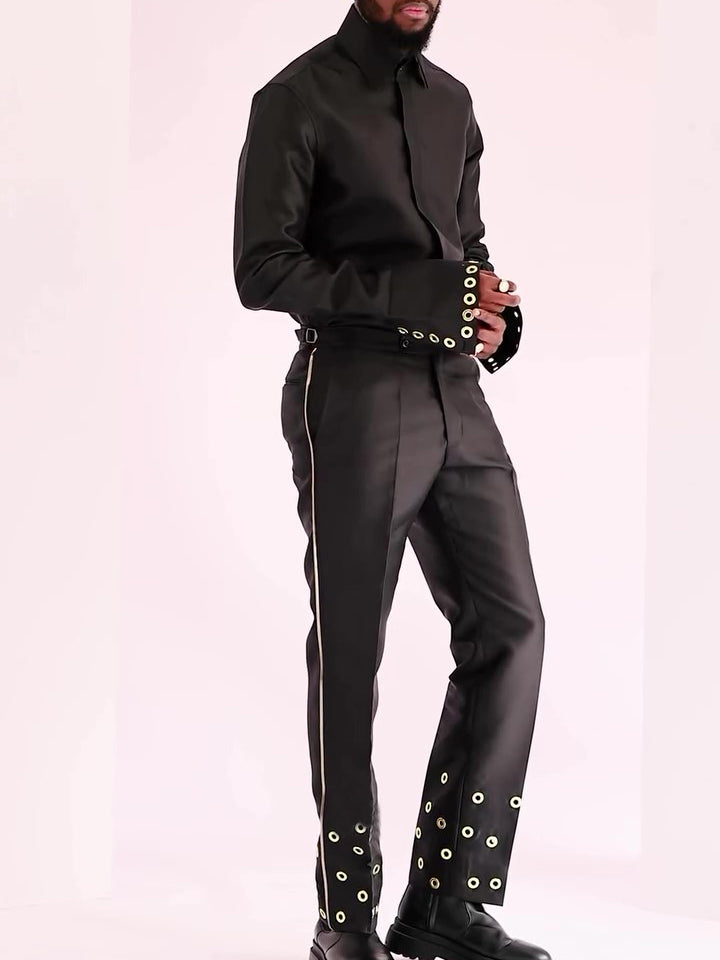 Chic Black Formal Ensemble With Adjustable Eyelet Trim And Structured Silhouette