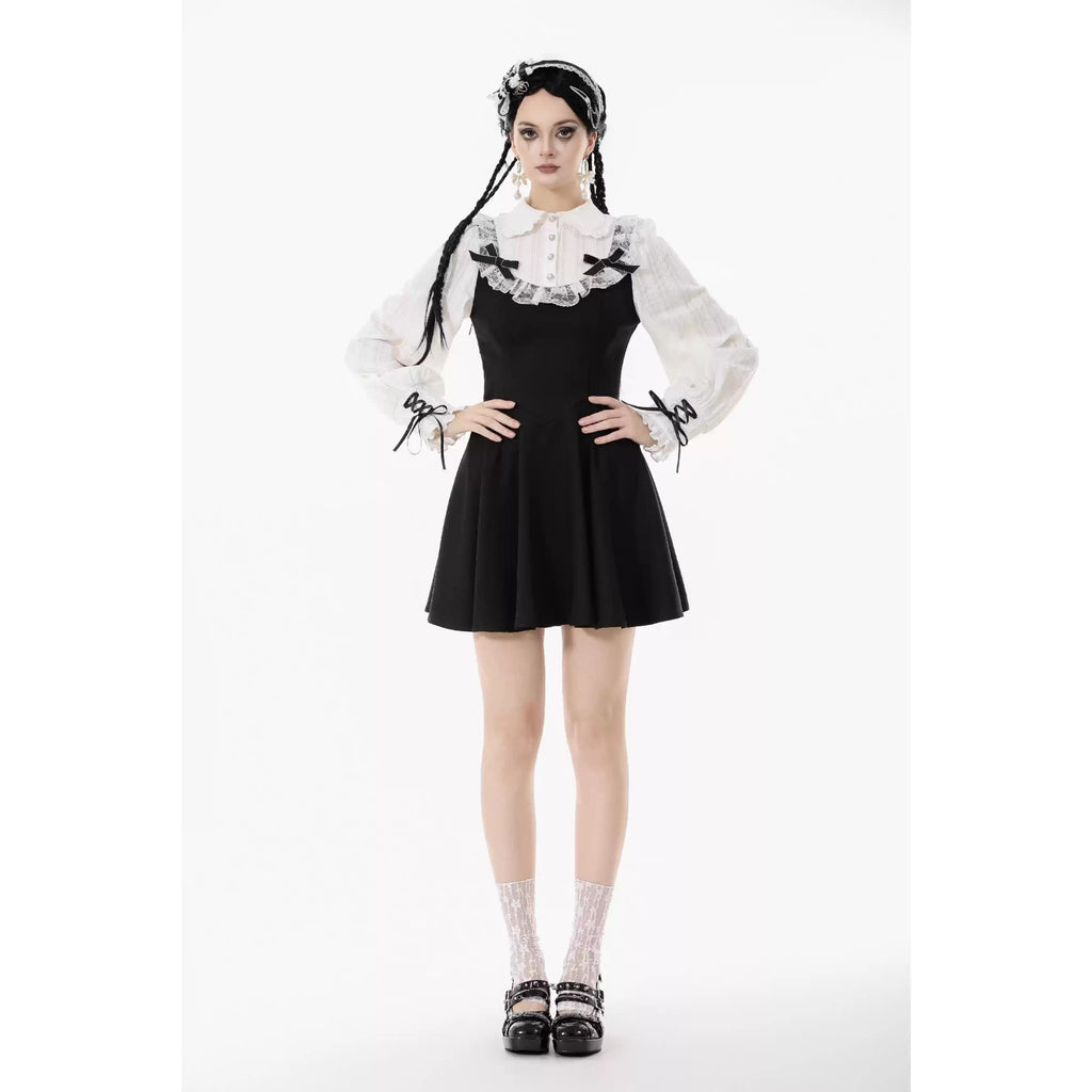 Gothic Dark Cute Lace Black And White Long-sleeved Dress
