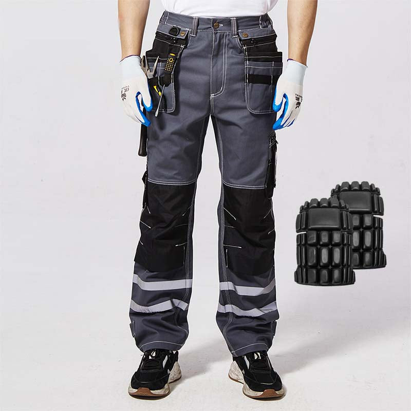 100% Cotton Cargo Work Pants with Knee Pad Pockets & Reflective Stripes – B114-0
