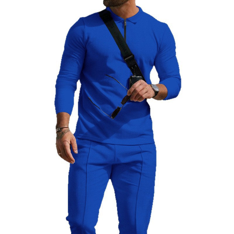 Men's Solid-Colored Waffle-Texture Top With Zipper And Lapel Plus Long Pants All-Season Casual Suit