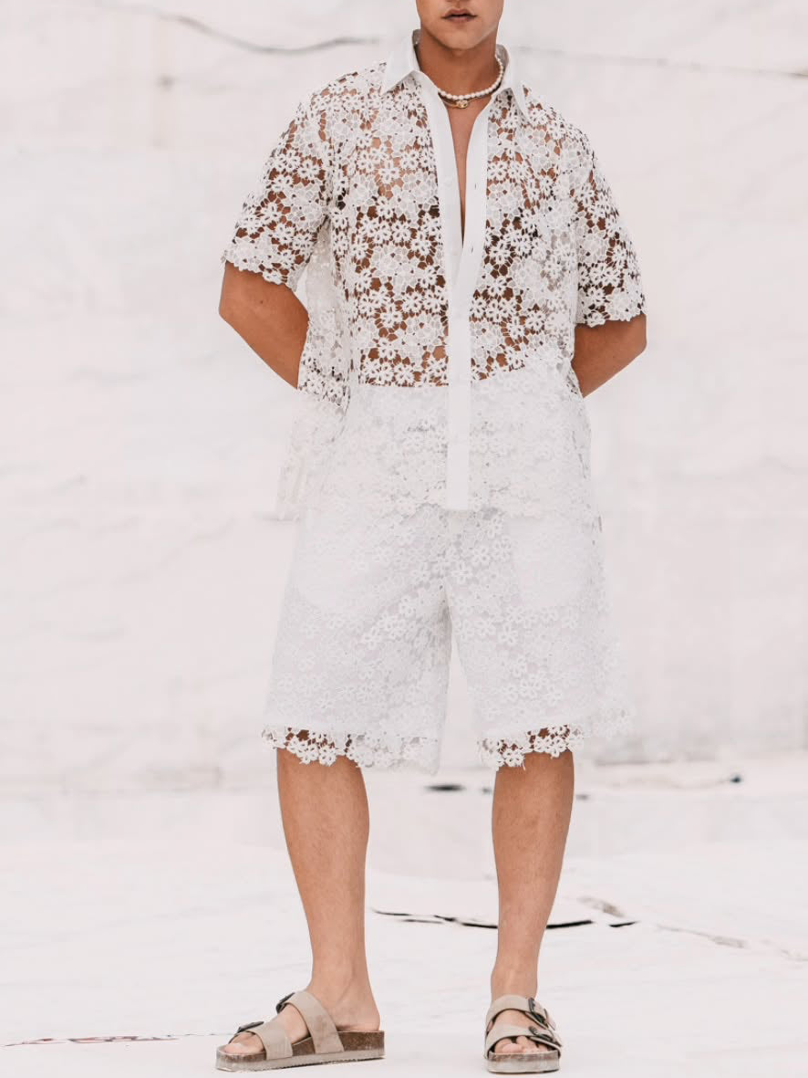 White Floral Lace Short-Sleeve Shirt & Shorts Set