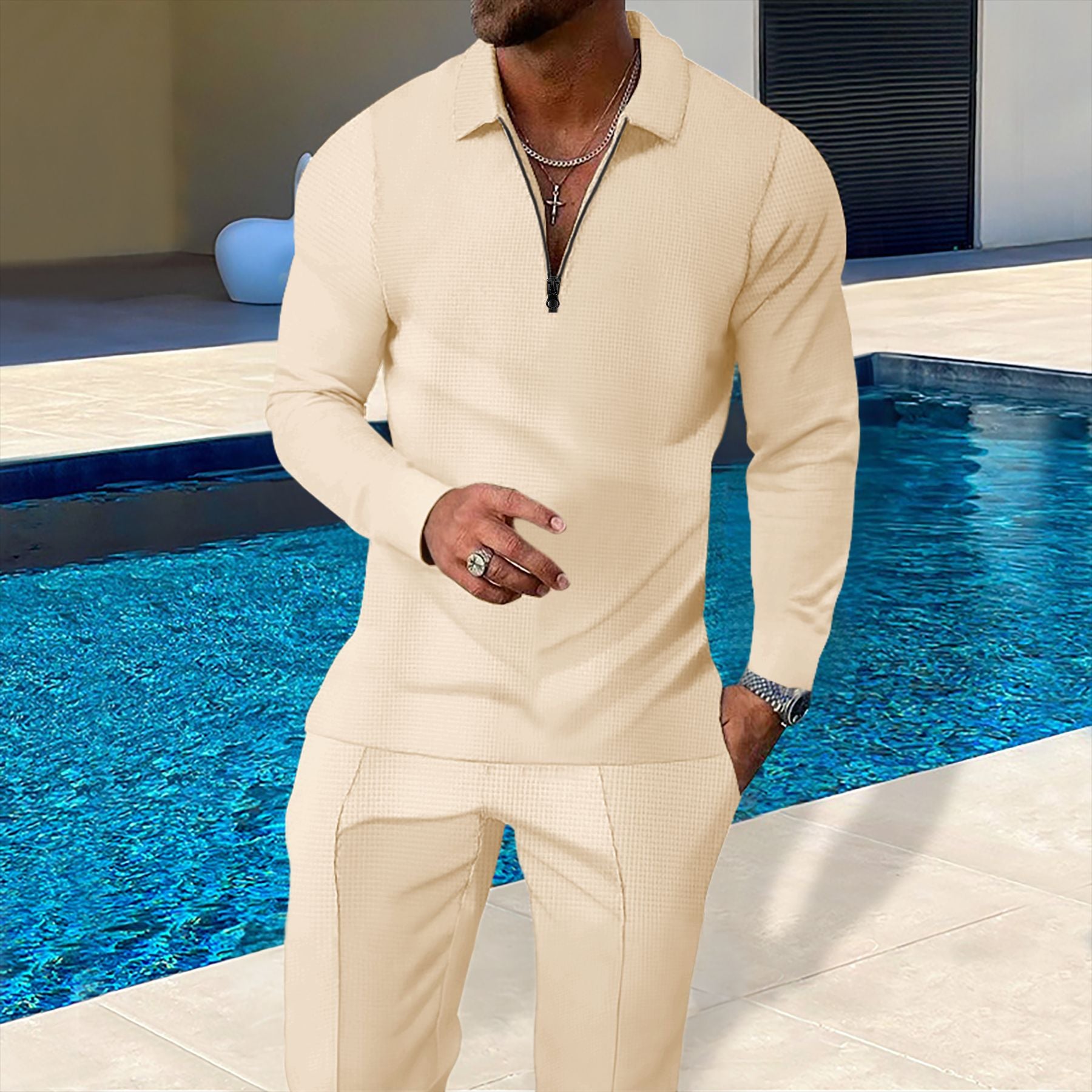 Men's Solid-Colored Waffle-Texture Top With Zipper And Lapel Plus Long Pants All-Season Casual Suit