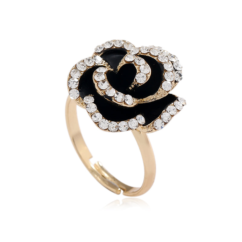A Stylish  Personalized Women Ring Creative Black Enamel Flower Open Ring Adorned With Rhinestones Boasting A Sophisticated Vibe Perfect For Daily Wear Versatile Styling  Gifting
