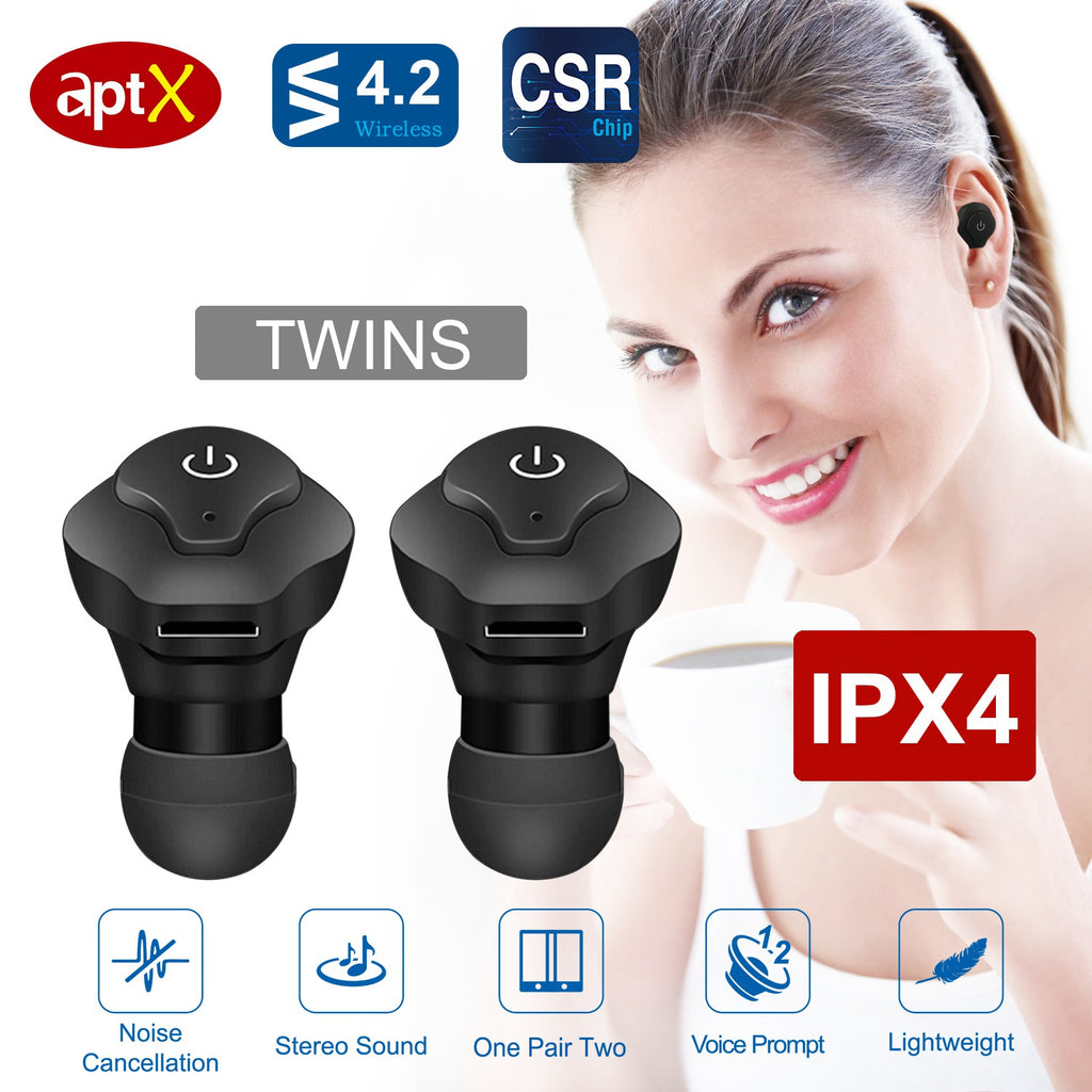 1 Pair True Wireless Earbuds CSR V4.2 In-ear Stereo Headsets IP44 Waterproof Apt-X TWS Headphones Noise Cancelling With Mic For Business Driving Walking