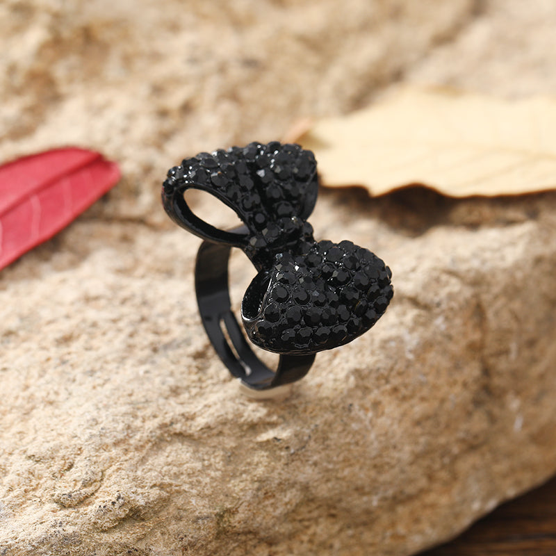 A Stylish And Personalized Ring For Women - A Creative, Elegant And Retro Black Bow Ring Adorned With Rhinestones, Adjustable, Perfect For Daily Wear, Versatile Styling And Gifting.
