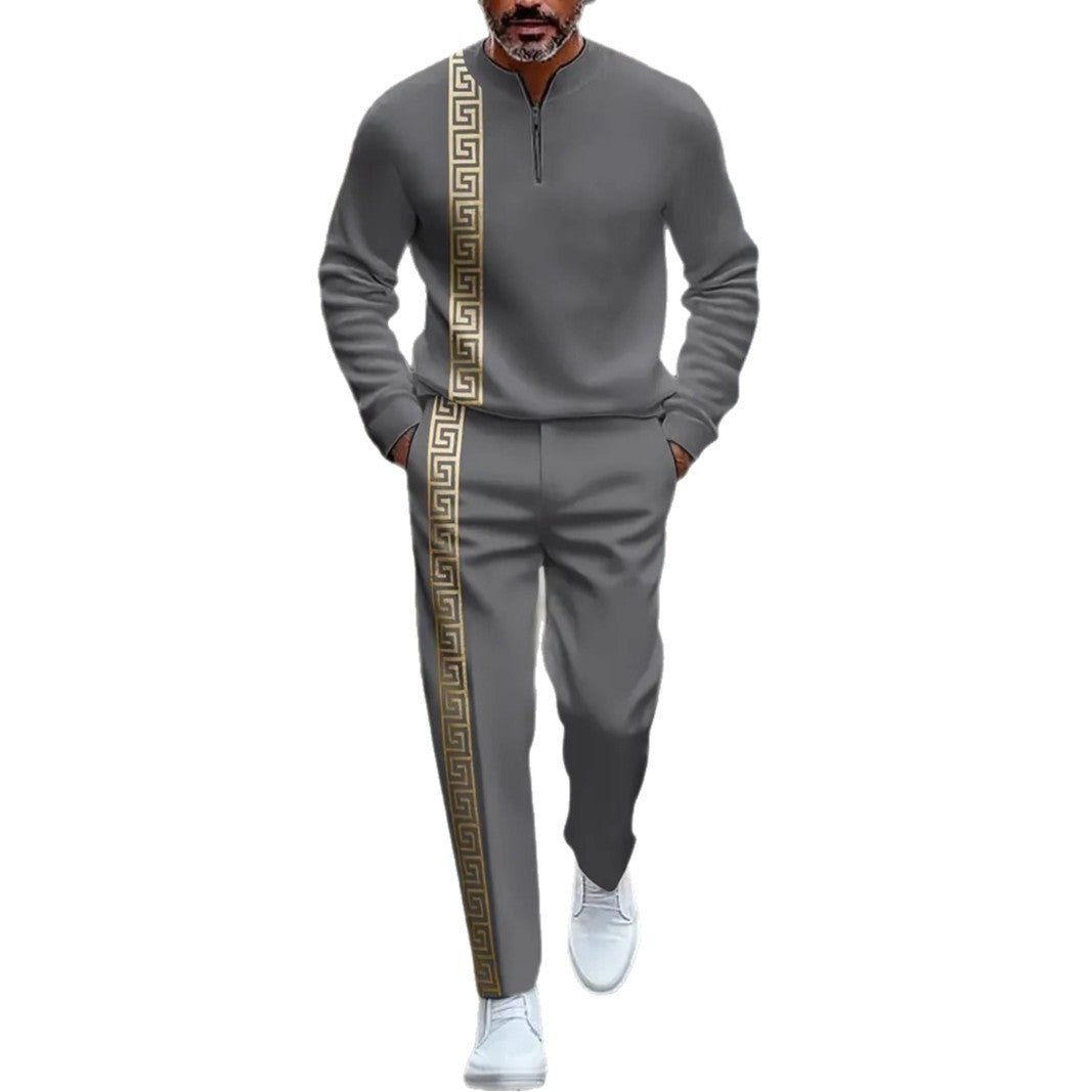 Long-sleeve Polo Shirt Long Pants Half-zip Placket Casual Sportswear Set