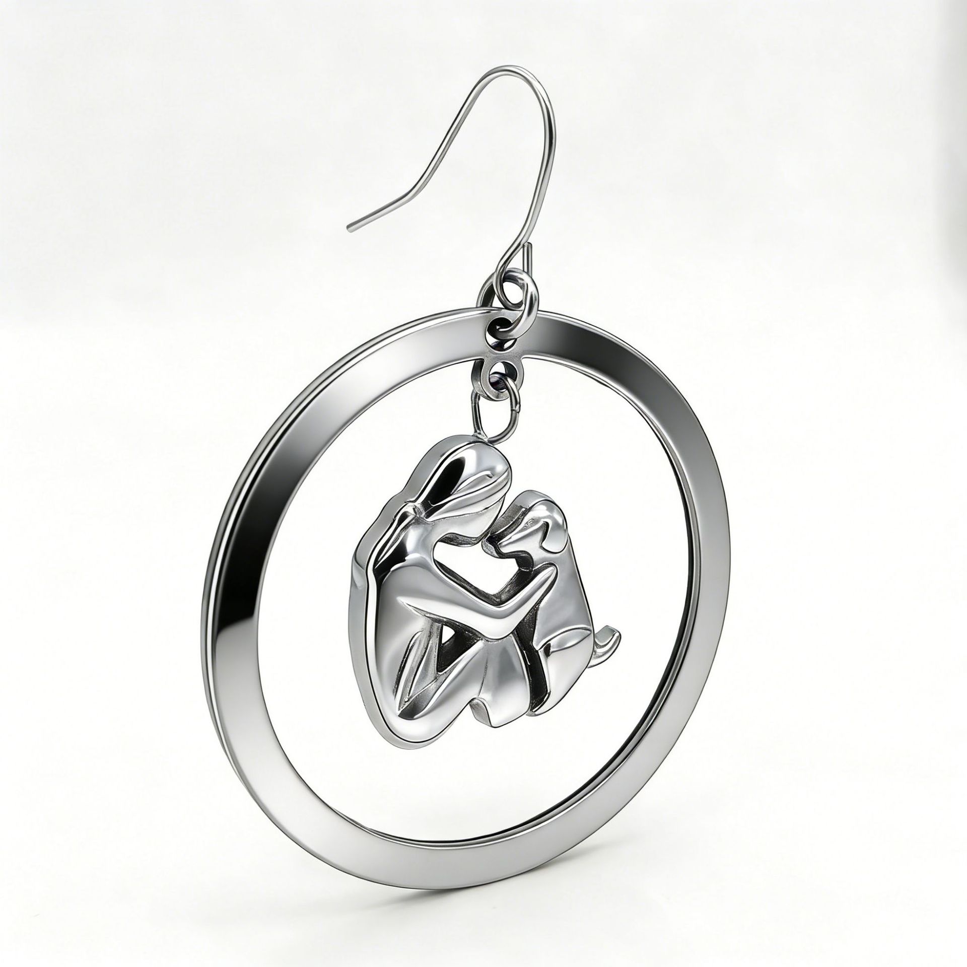 Stainless Steel Girl Hugging A Pet Dog Earrings