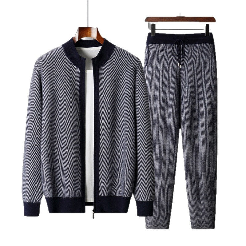 Mens Winter Pure Wool Sweater Half-Neck Zip-Up Cardigan With Thicker Outer Layer