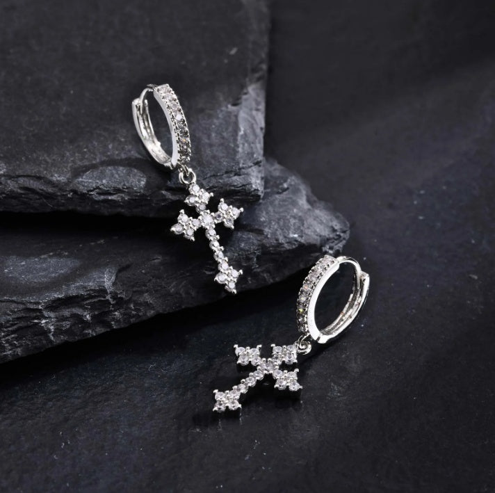 1 Pair Men's Sparkling Zircon Cross Dangle Huggie Hoops,Everyday Versatile Earrings
