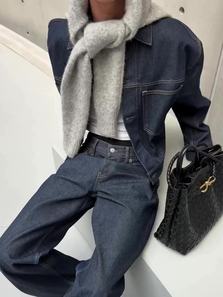 Dark Denim Oversized Jacket And Wide-Leg Pants Set