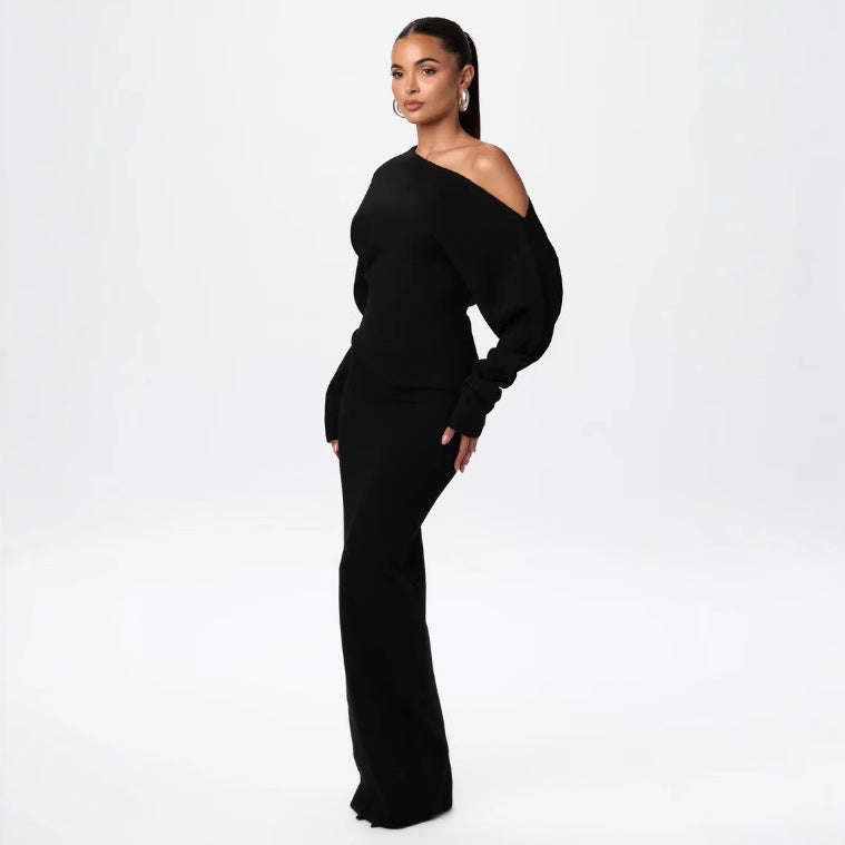 Ins Slim Long Sleeve Knitted Dress Evening Party Sexy Off-shoulder Bodycon Long Dresses