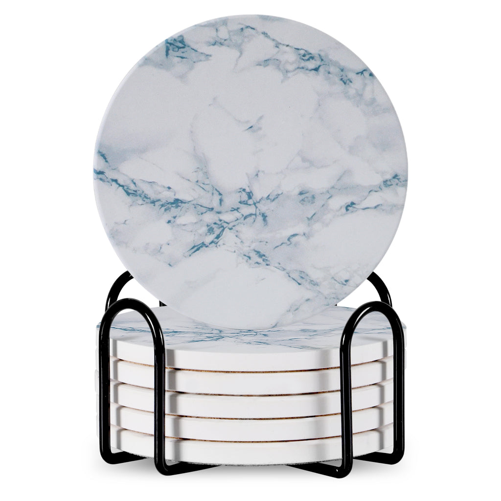 Set Of 6 Beverage Coasters With Stand Round 4in Ceramic Coaster With Metal Stand Absorbent Marble Stone Coaster With Cork Base