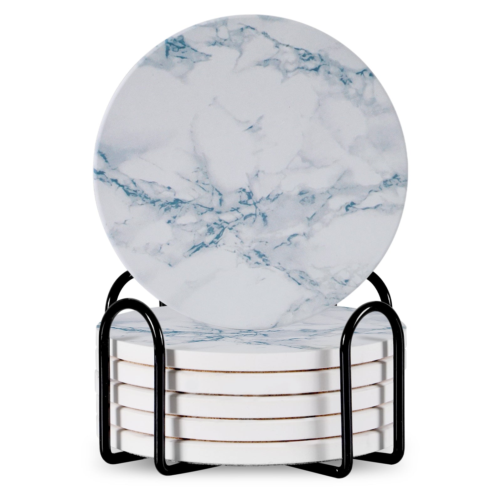 Set Of 6 Beverage Coasters With Stand Round 4in Ceramic Coaster With Metal Stand Absorbent Marble Stone Coaster With Cork Base