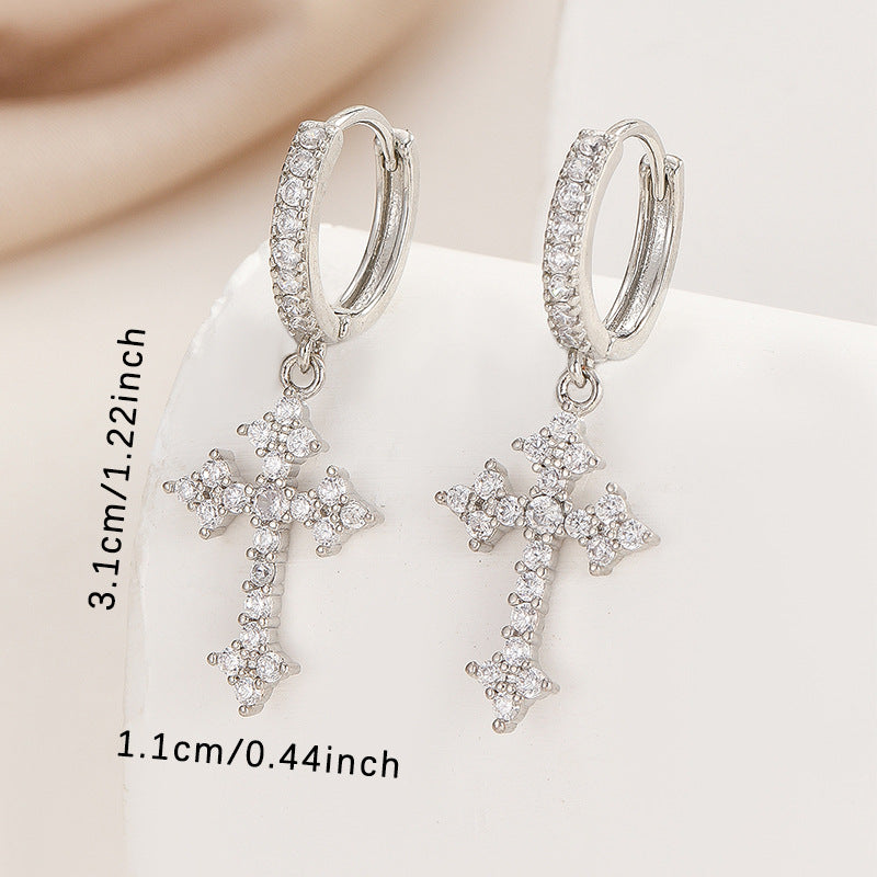 1 Pair Men's Sparkling Zircon Cross Dangle Huggie Hoops,Everyday Versatile Earrings