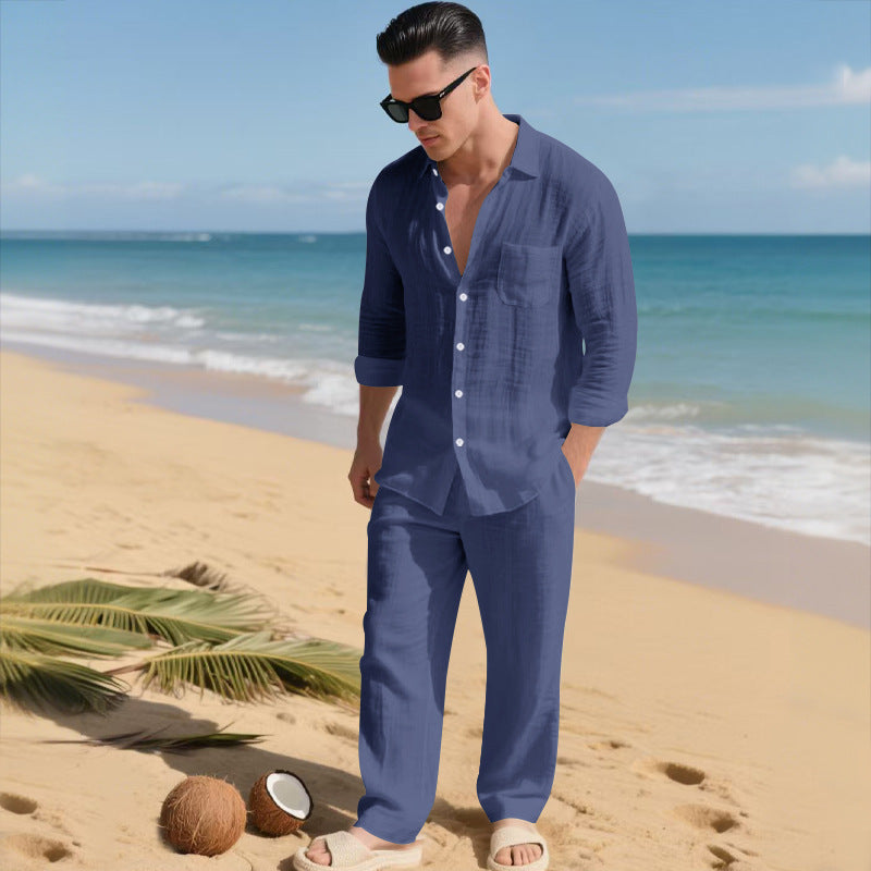 Beach Leisure Loose Collar Shirt Long Sleeve Pants Set