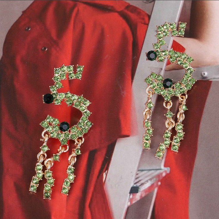 Alloy Stud Earrings With Diamond-encrusted Numerals And Tassel Detailing