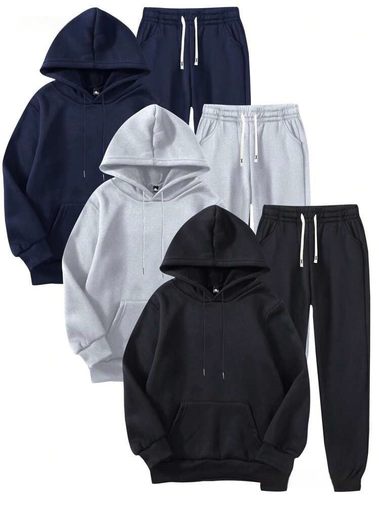 Men's Solid Color Hoodie Casual Set
