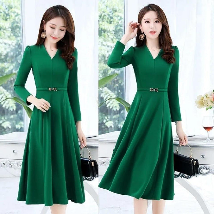 Autumn Longsleeve Kneelength Vneck Maxi Dress