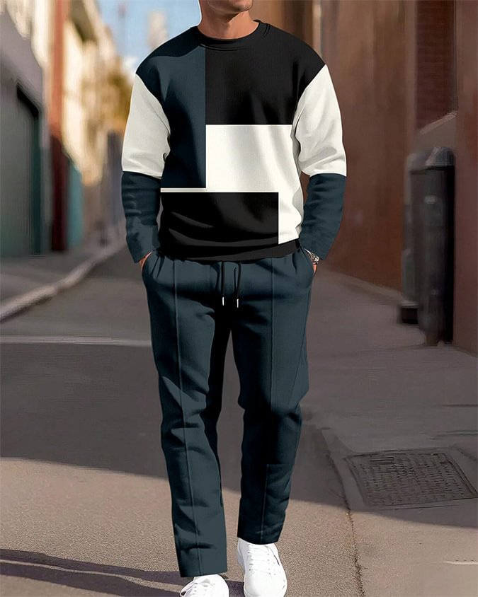 Fashion Men's Casual Sporty Round Neck Sweatshirt And Pants Two-piece Set