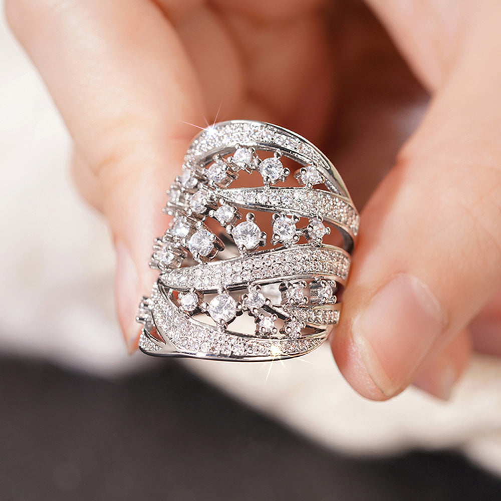 Shimmering Zircon-inlaid Ring For Womenelegant And Intricately Crafted