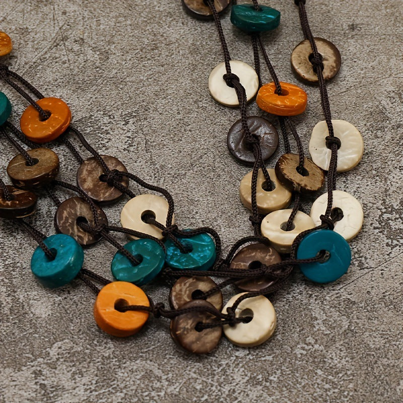 Vintage Womens Multi-layered Colorful Coconut-shell Hand-woven Necklace