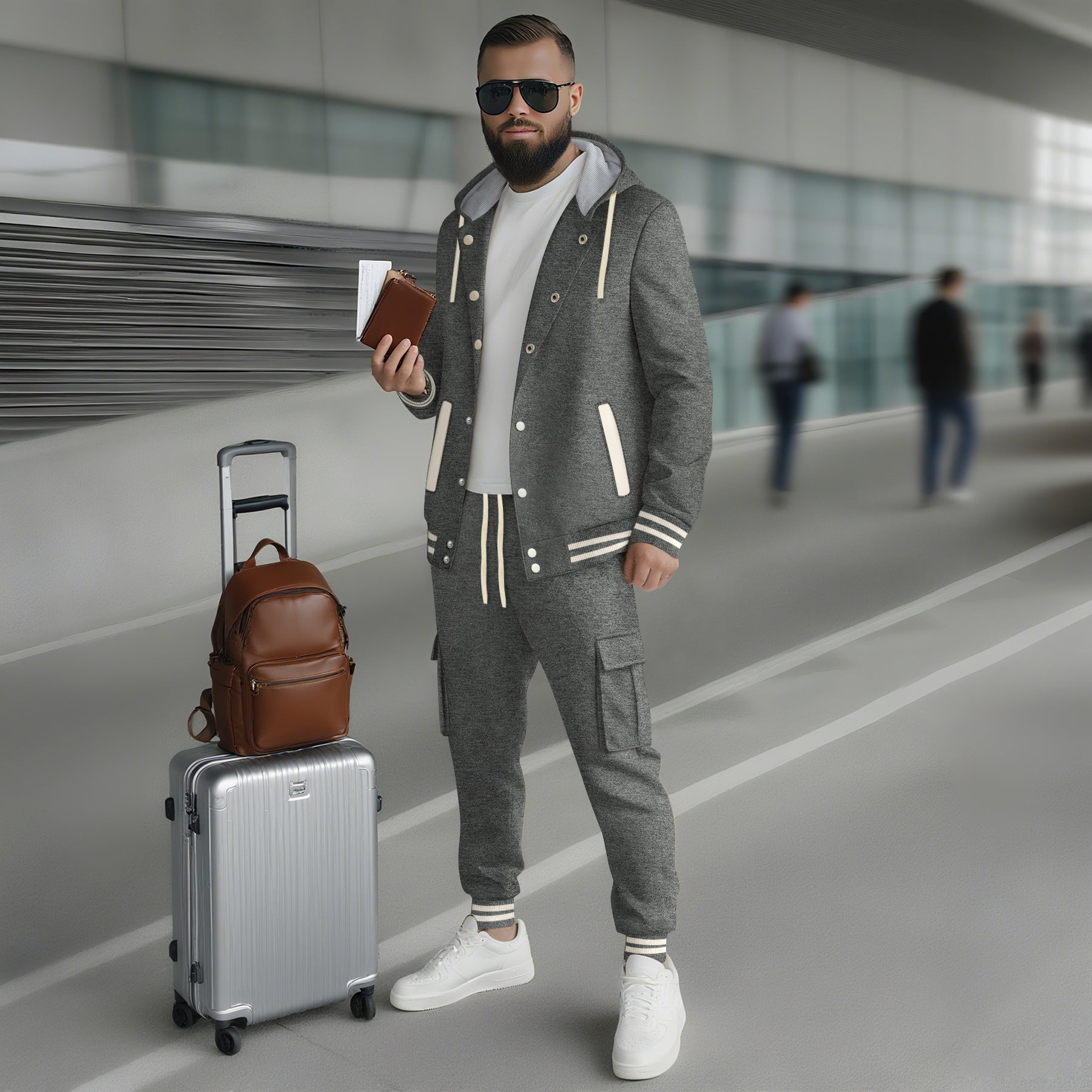 Men's Large Twill Hooded Baseball Jacket Cardigan Long Sleeve Pants Set