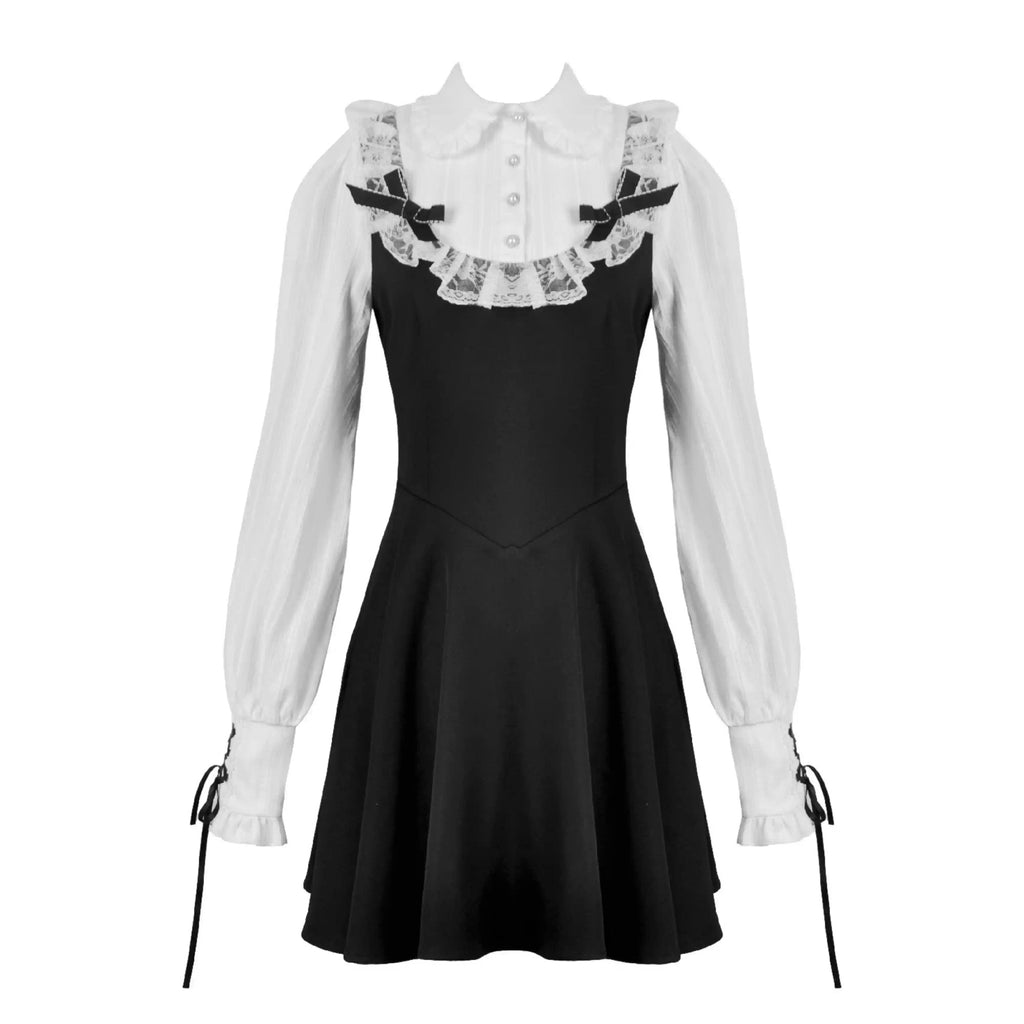 Gothic Dark Cute Lace Black And White Long-sleeved Dress