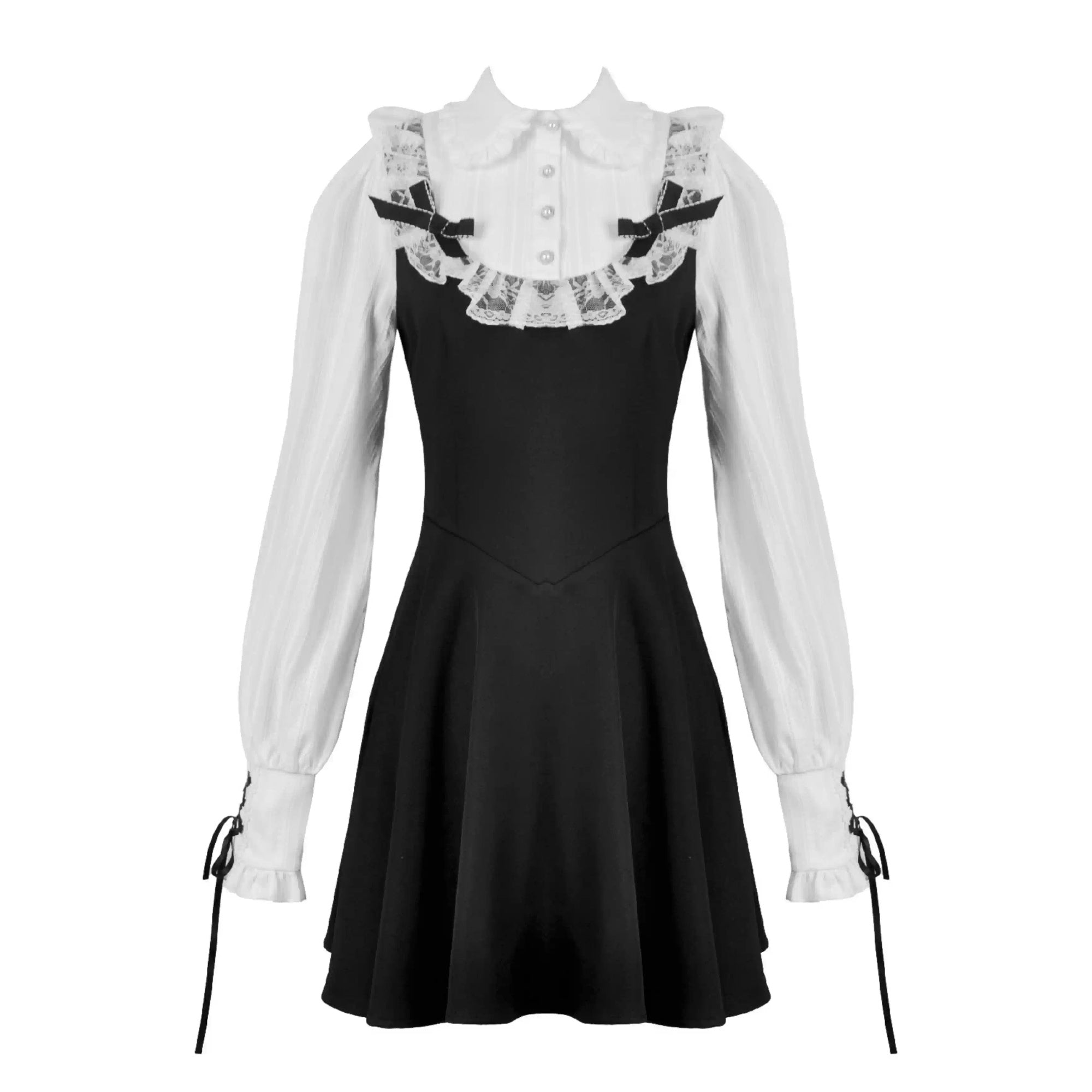 Gothic Dark Cute Lace Black And White Long-sleeved Dress