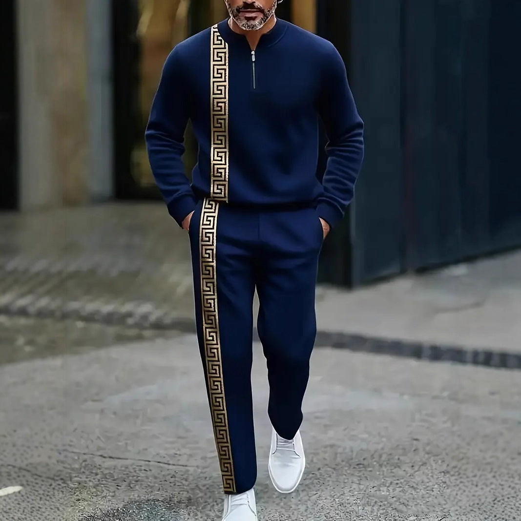 Long-sleeve Polo Shirt Long Pants Half-zip Placket Casual Sportswear Set