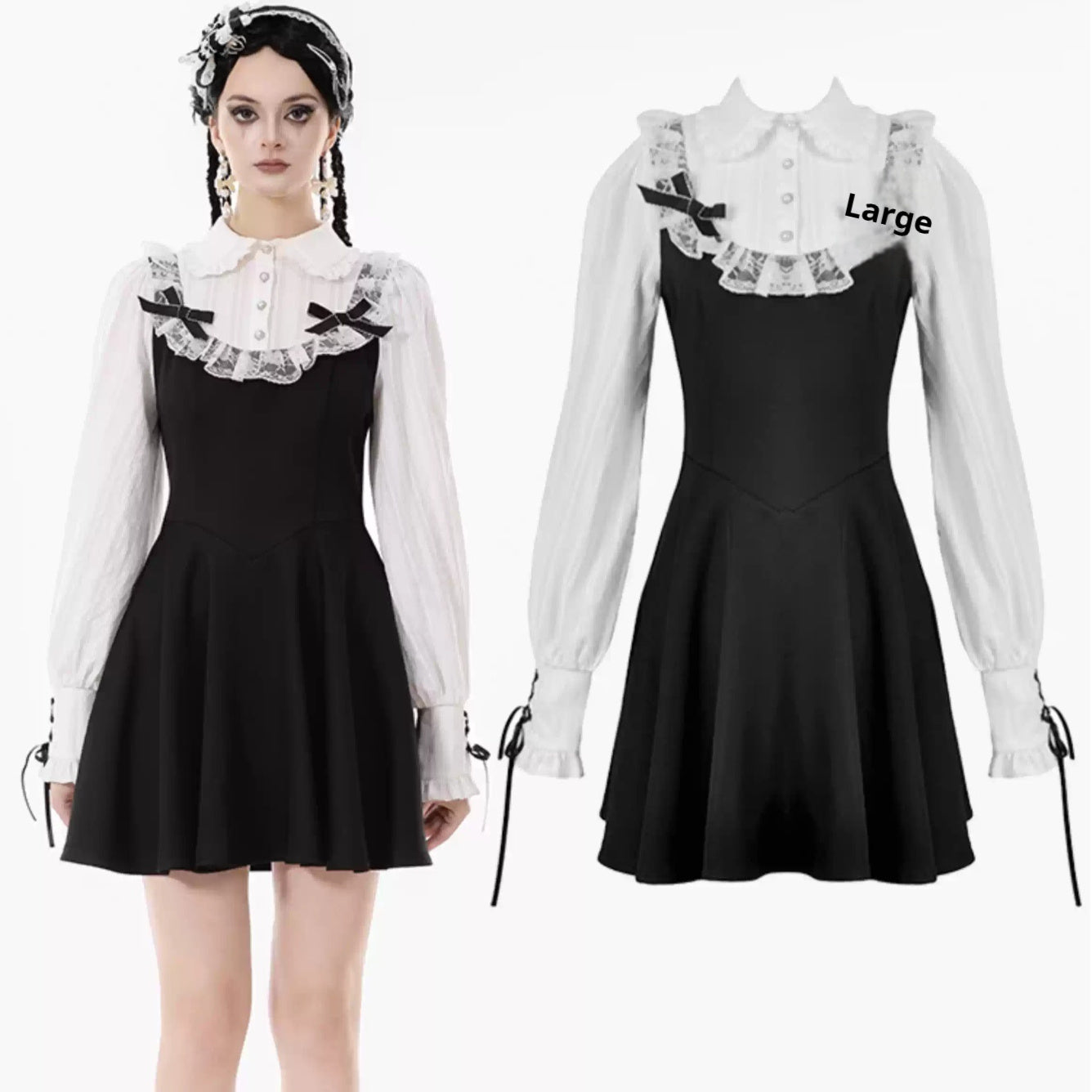 Gothic Dark Cute Lace Black And White Long-sleeved Dress