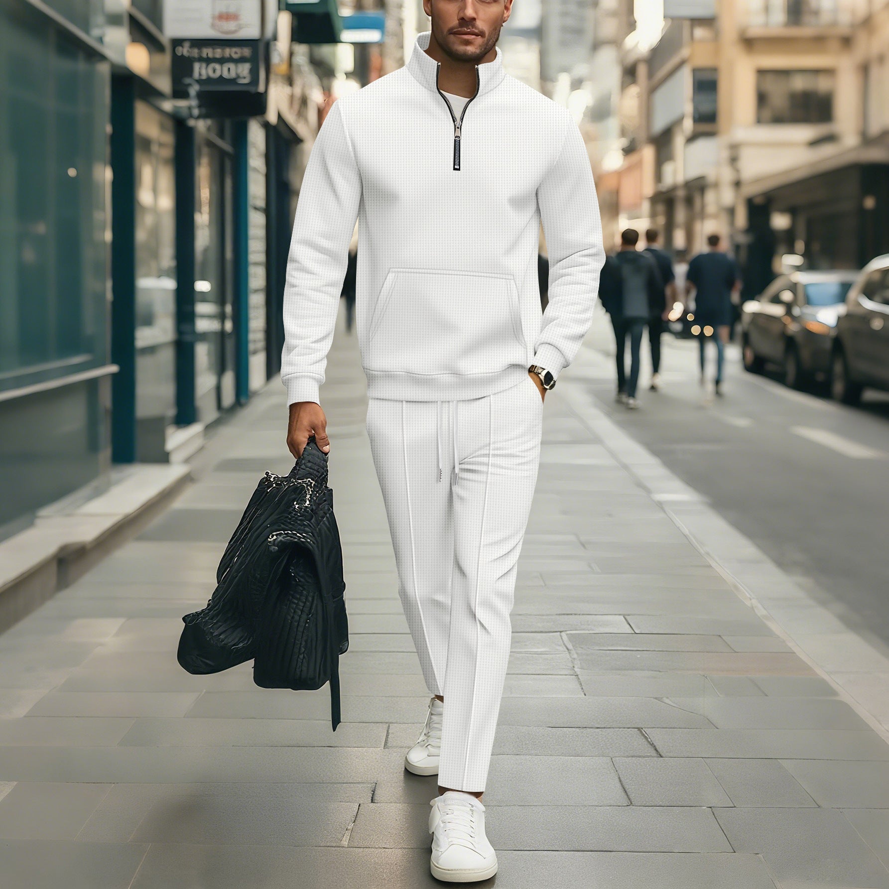 Waffle-pattern Solid-color Stand-up Collar Pocket Half-zip Long-sleeve Hoodie And Pants Set